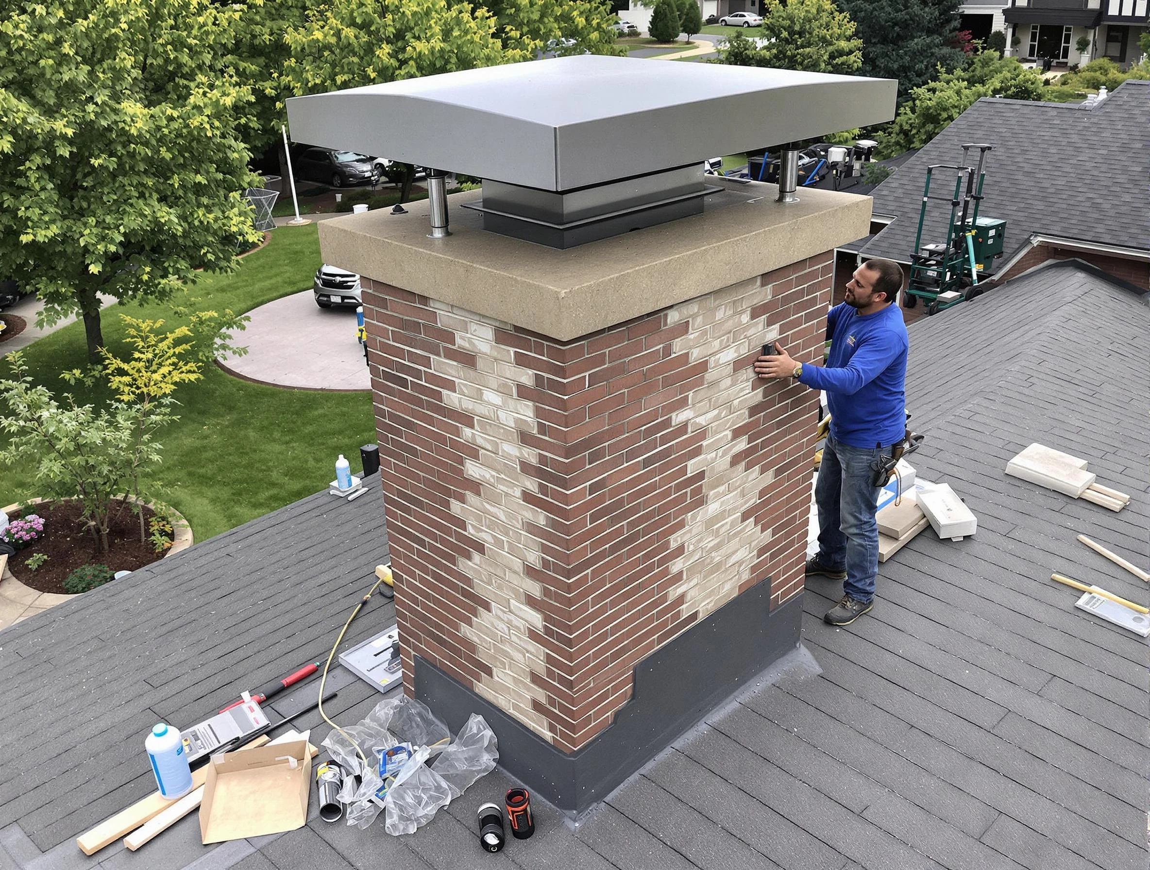 Clanton Chimney Sweep team working on a custom chimney remodel in Clanton, AL